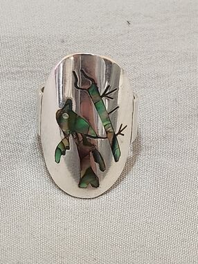 Vintage Sterling Silver Taxco Mexico Abalone Inlay Bird On Branch Ring